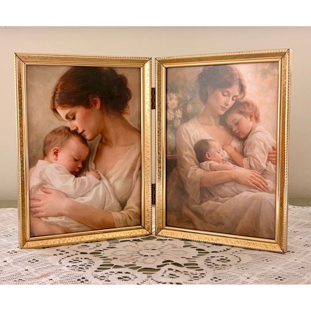Vintage Brass Folding Double Picture Frame | Mother Child Art |Mother's Day Gift